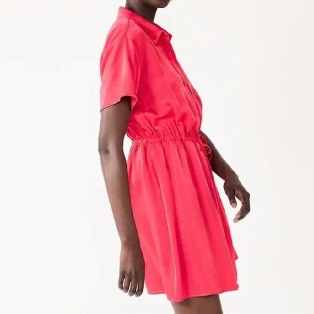 Nine West Button Down Tie Waist Short Slv Shirt Dress Pink/Red Women XL NWT NEW